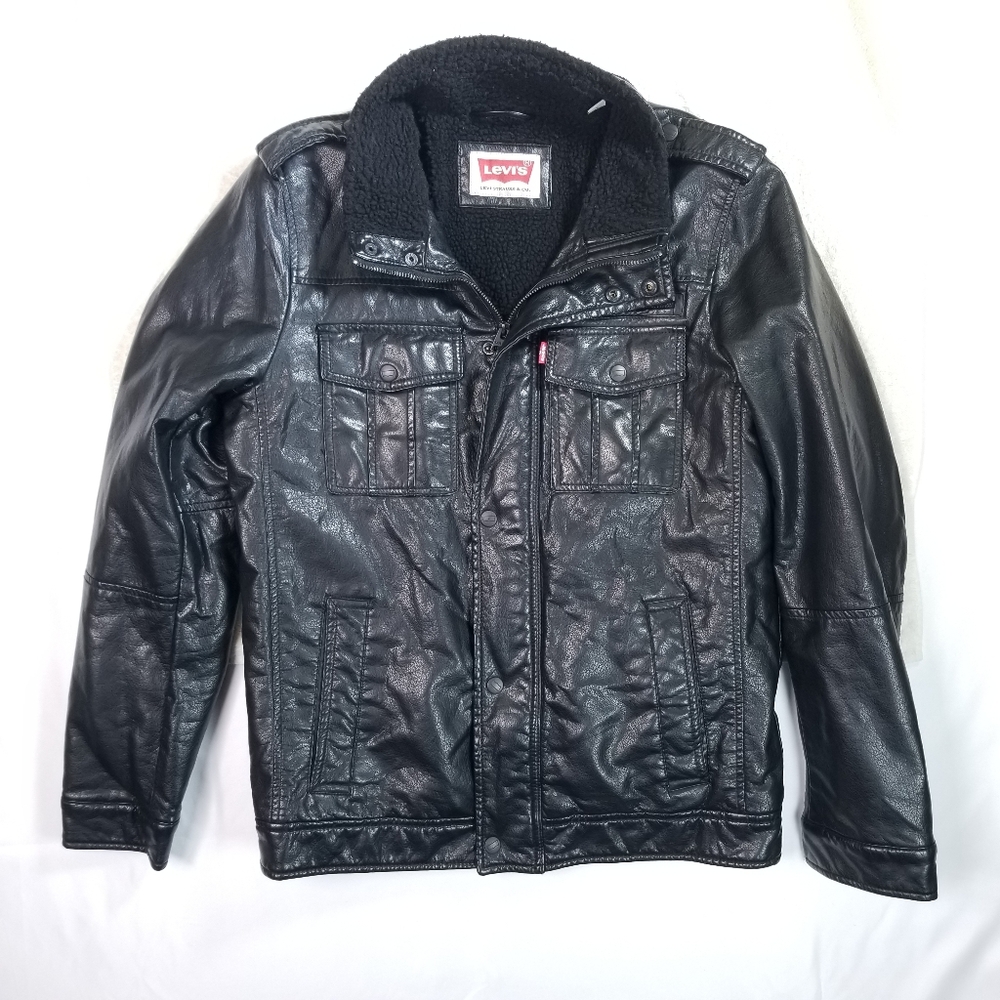 Levi's Men's Trucker Jacket Faux Leather Sherpa Lined Full Zip Black Size S